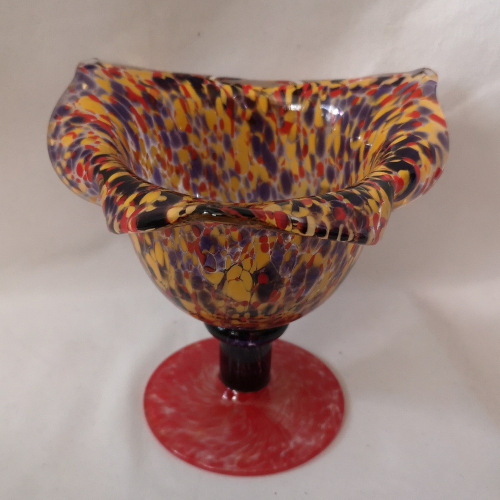 Beautiful Art Glass Pedestal Vase or Bowl Vibrant Multi-colour Mottled Pattern